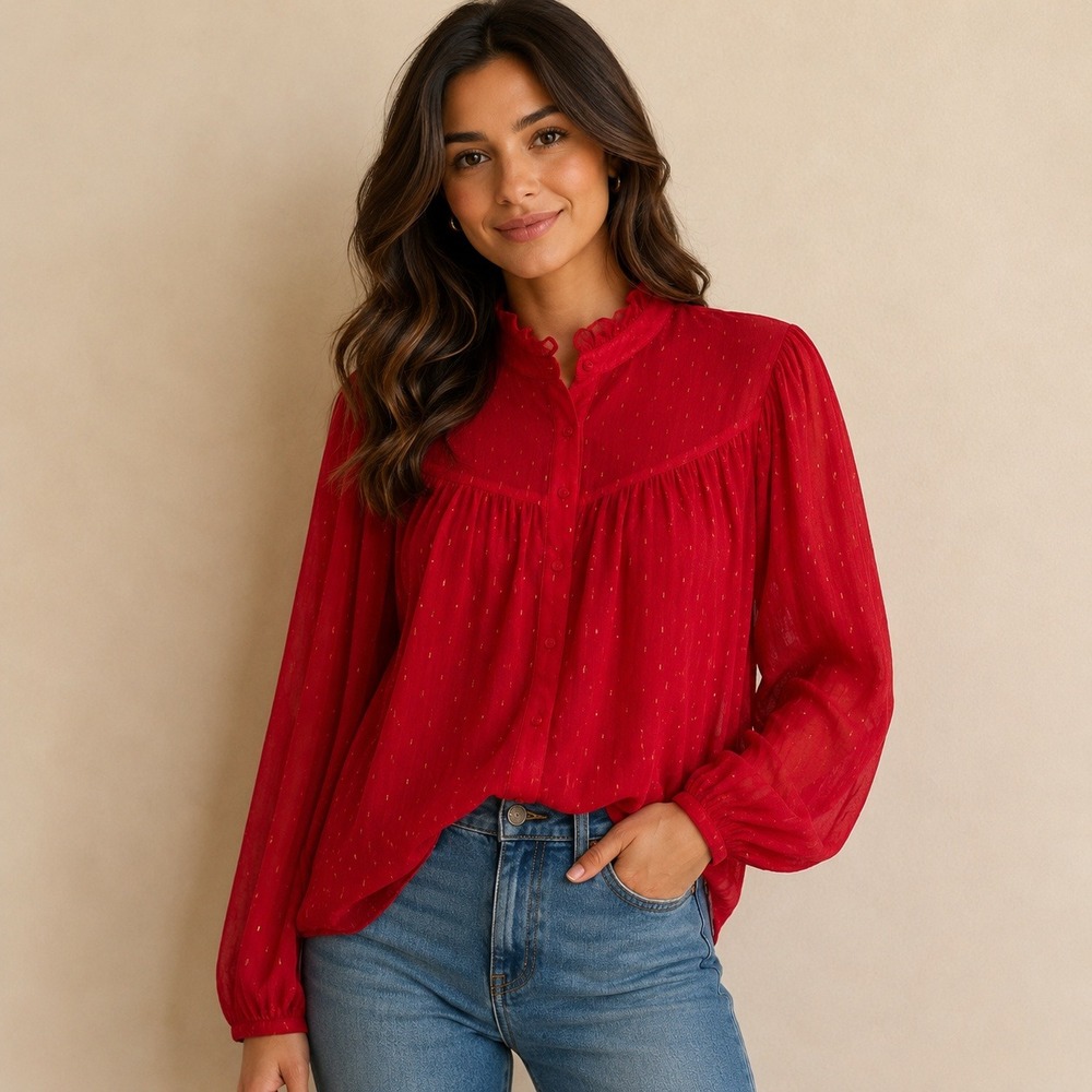 Chaps Red‎ Metallic Gold Clip Dot Ruffle Neck Balloon Sleeve Blouse XL